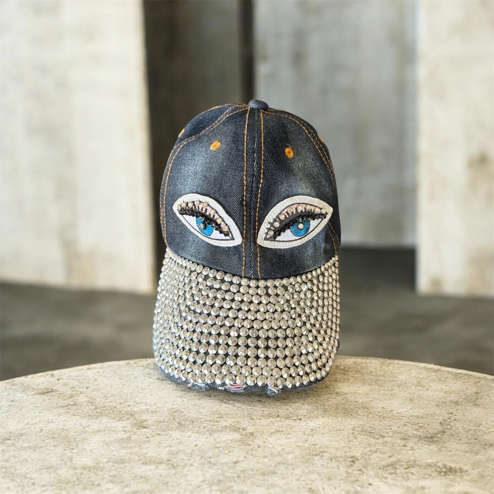 Embellished Denim Cap with Eye Design